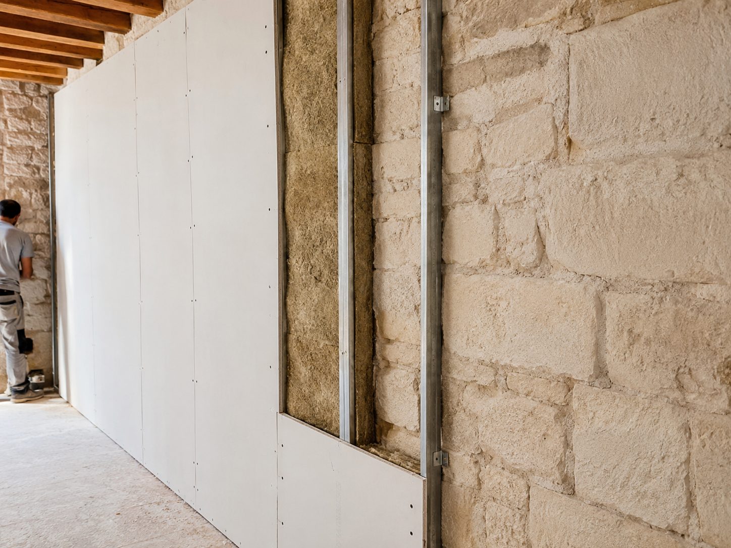 Doublage placo contre mur en pierre pour isolation intérieure en Charente-Maritime
