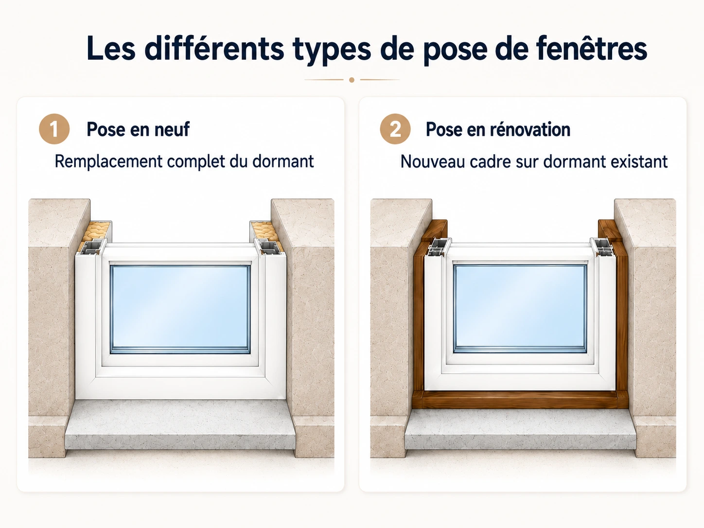 Schéma des quatre types de pose de fenêtre : rénovation sur dormant existant, tunnel, applique et pose en neuf