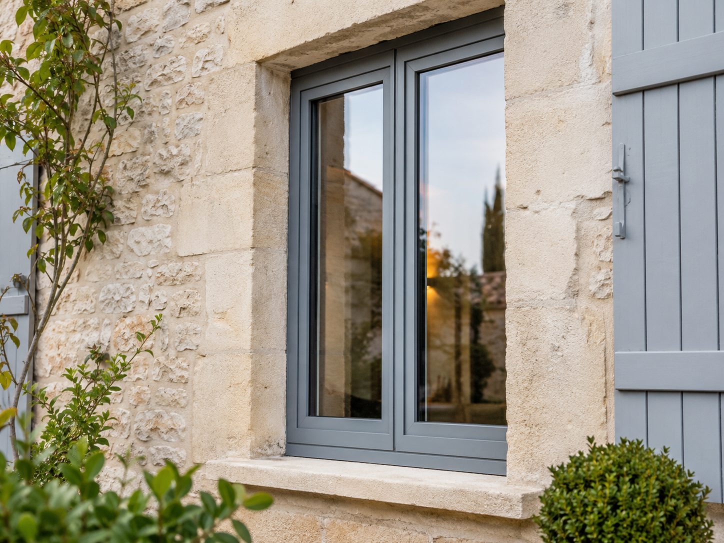 Fenêtre double vitrage aluminium posée sur façade en pierre charentaise