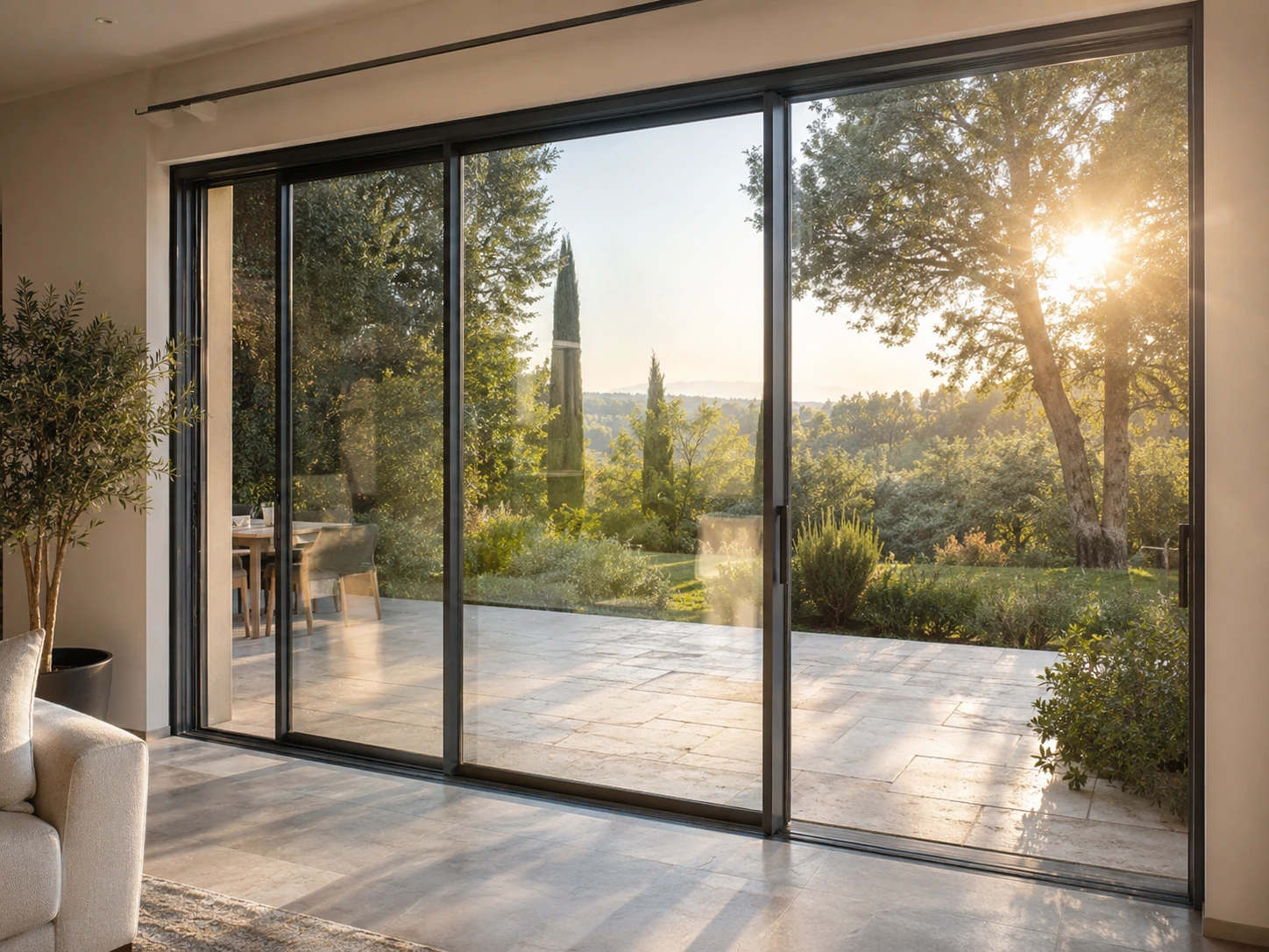 Baie vitrée coulissante en aluminium Proferm ouverte sur une terrasse